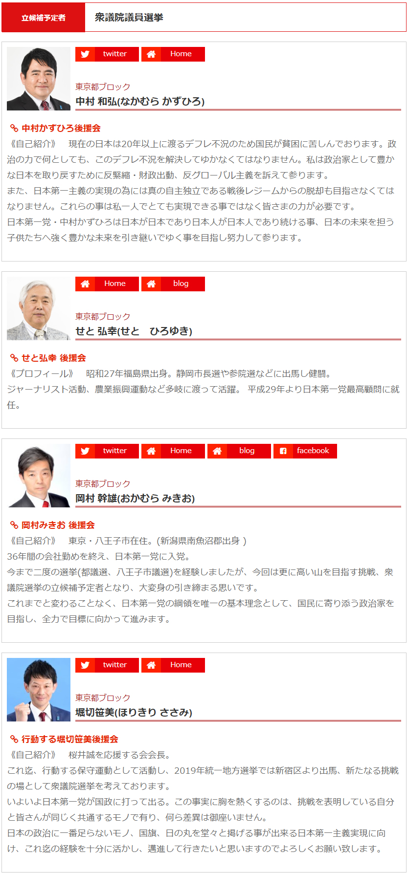 日本第一党次期衆院選公認候補者